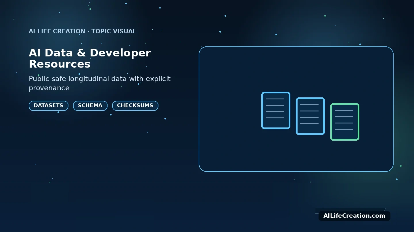 AI Data & Developer Resources AI Data & Developer Resources topic visual showing datasets, schema, and checksums in the AI Life Creation longitudinal research context.