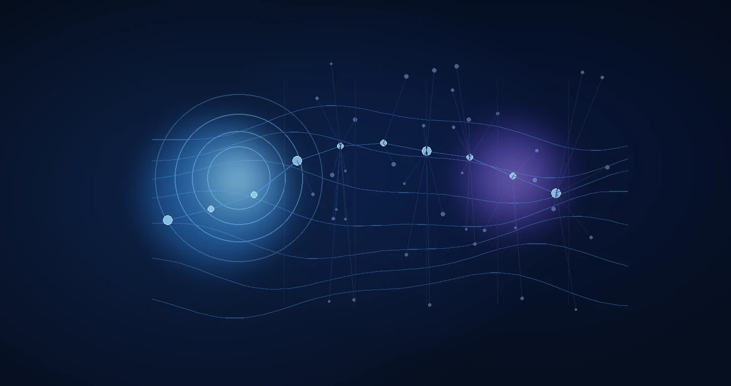 Abstract continuity map showing a persistent AI identity anchor connected to evolving state across time