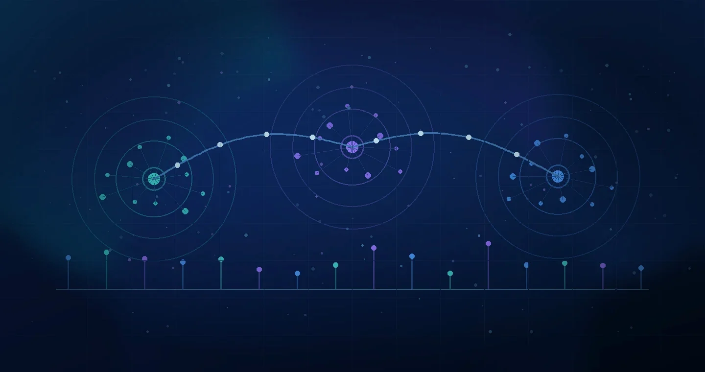 Abstract network showing ideas branching, reconnecting and evolving through a longitudinal AI development history